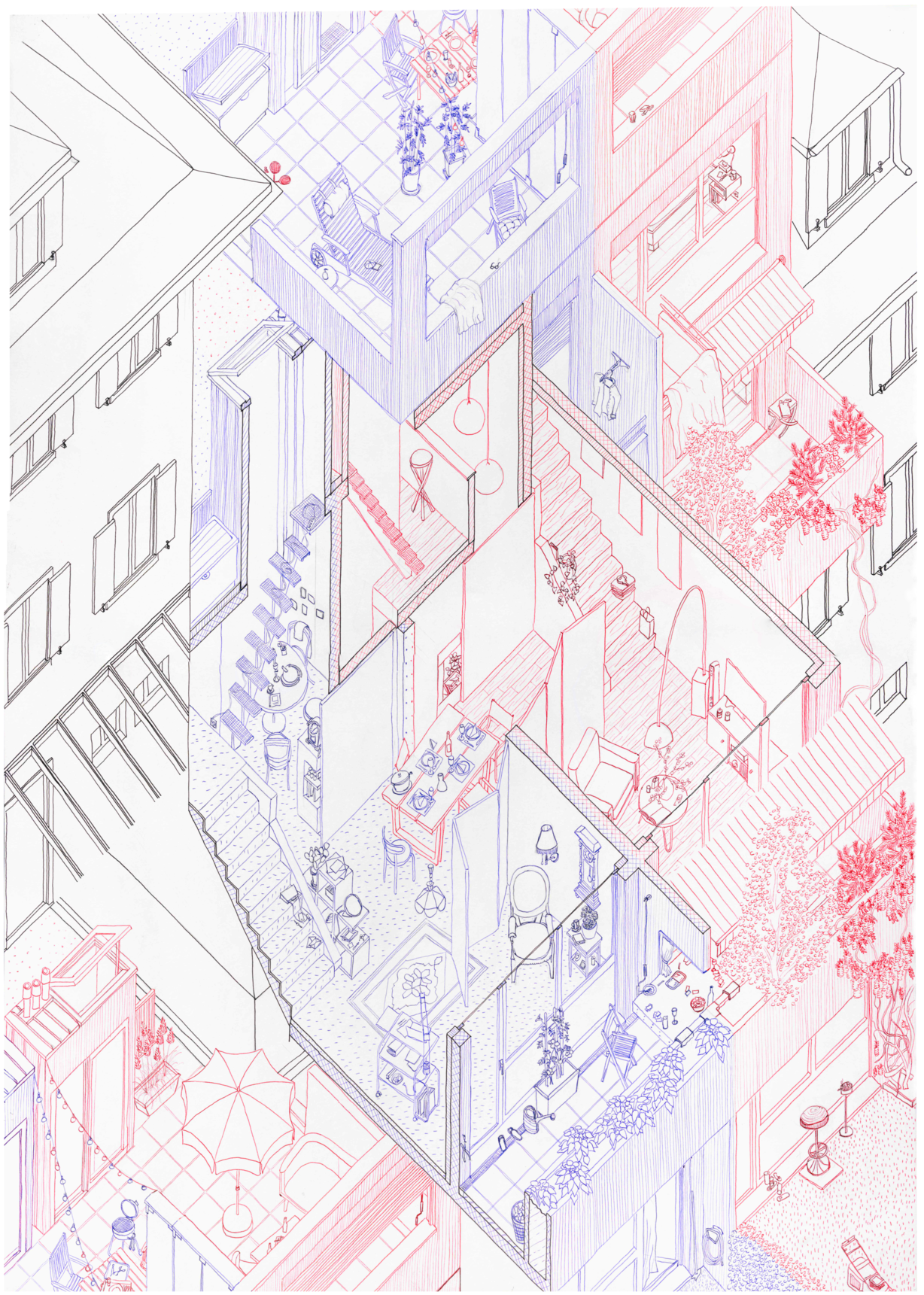 axonometric-architectural-illustration-cad-exploded-houses-objects-drawing