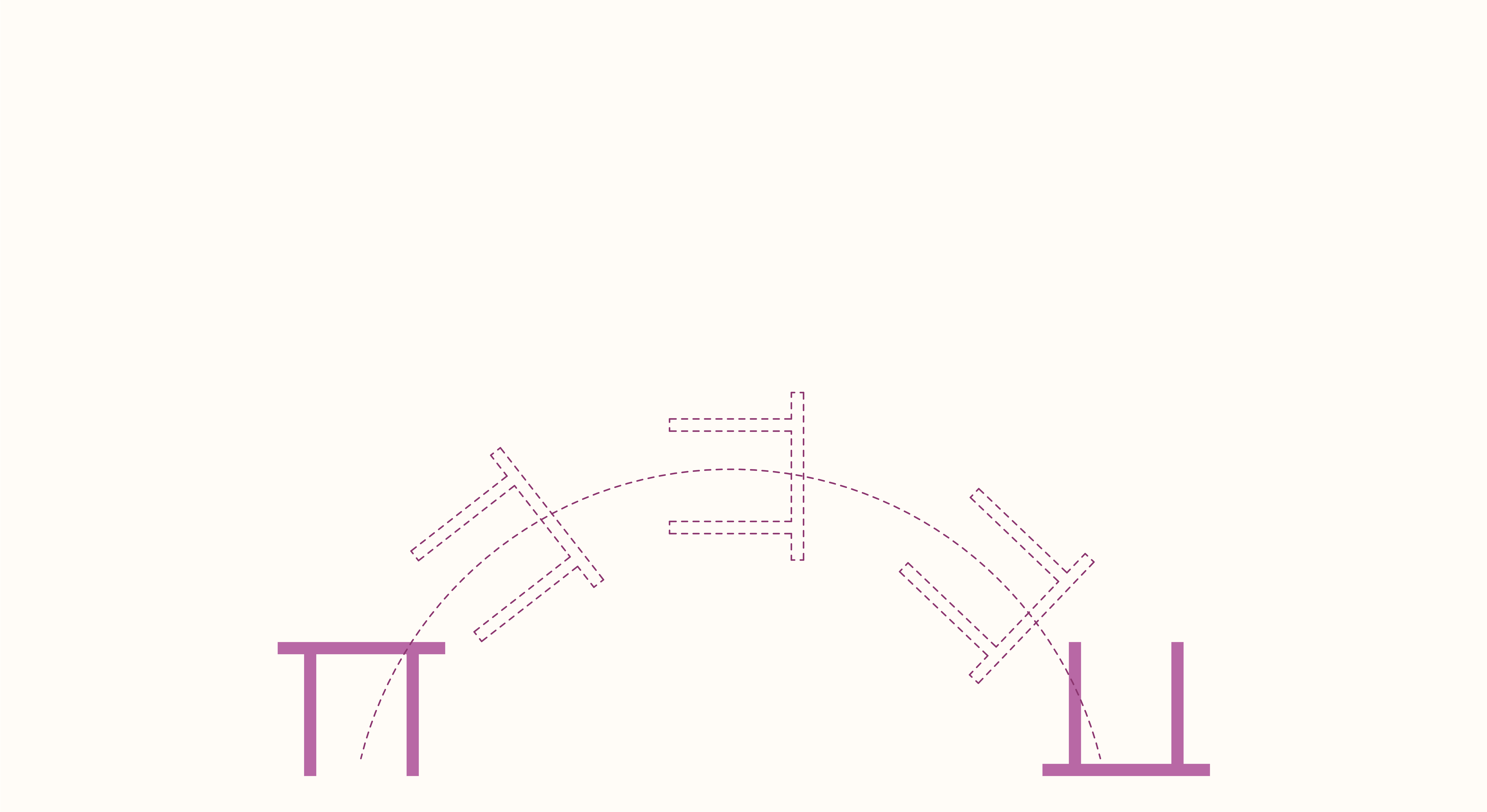 Abstract and minimalistic top-down illustration of a purple T-shaped element rotating in stages along a dashed arc, set against a beige background, conveying motion or a dynamic architectural concept.