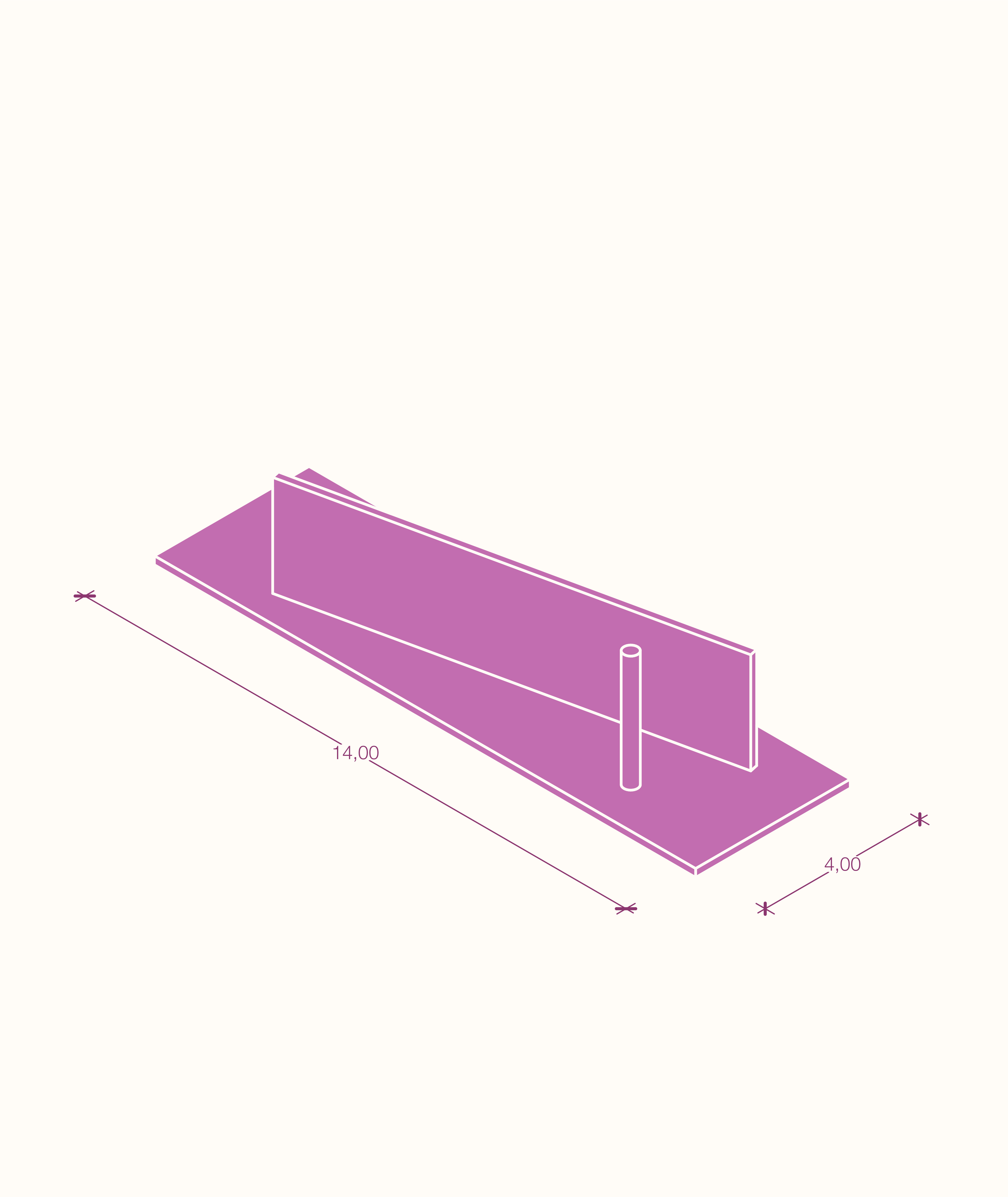 Isometric illustration of a magenta modular prefabricated wood construction element, with indicated dimensions of 14.00 and 4.00, showcasing a component for efficient architectural assembly.