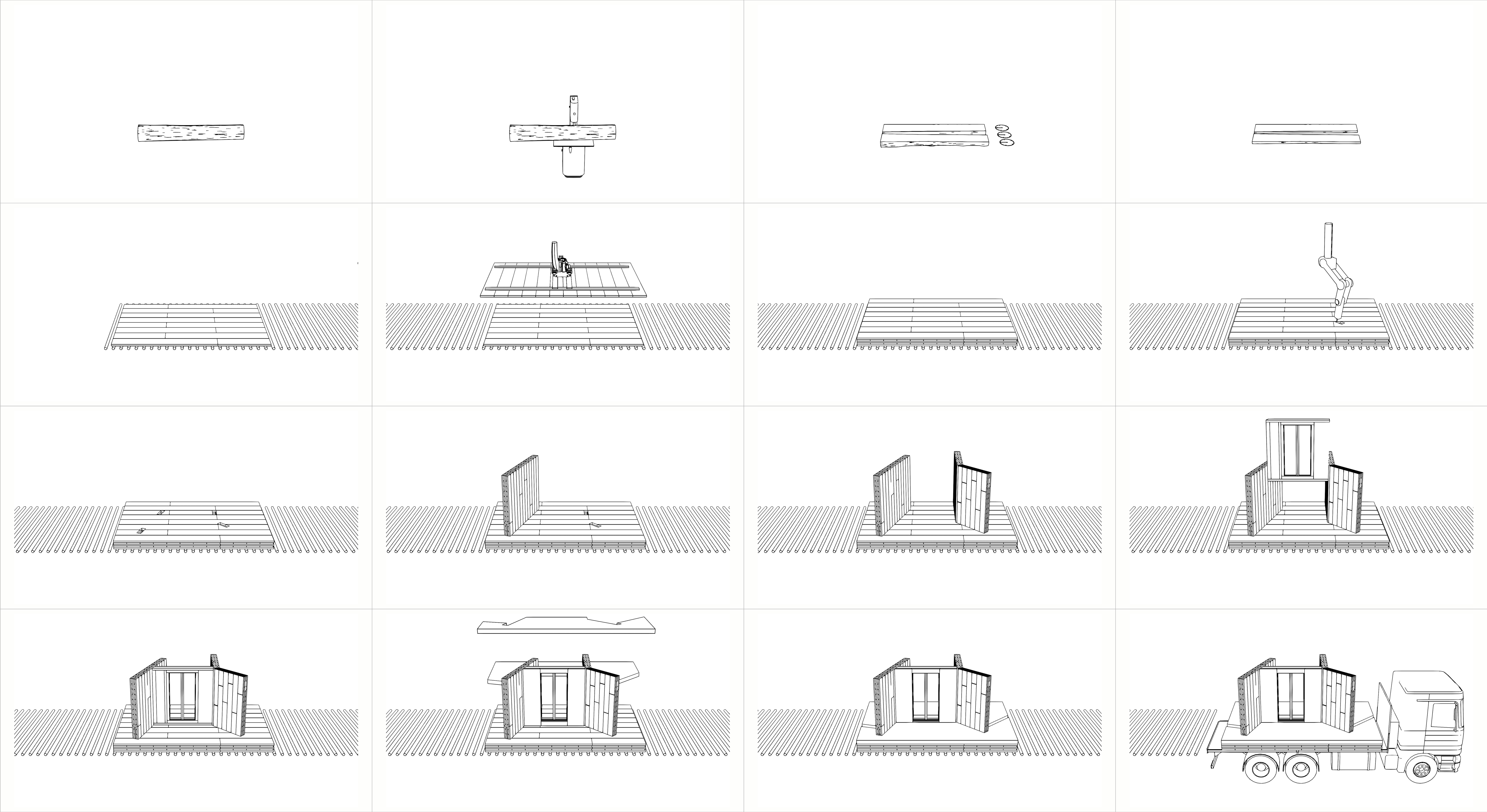 Static grid diagram detailing the sequential stages of a robotic automated manufacturing process, from wooden logs to finished prefabricated construction elements, illustrating the efficiency of off-site timber construction.