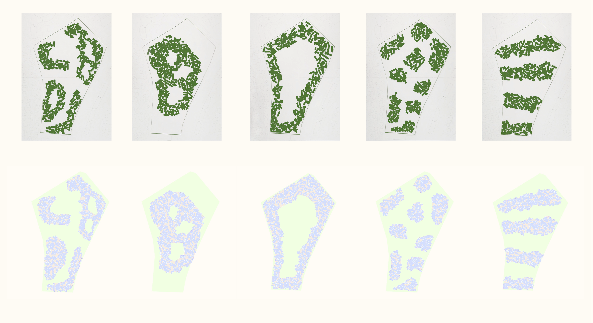 Comparative diagram presenting multiple architectural possibilities created through interactive model manipulation (top row of green organic shapes) and their corresponding algorithmic interpretations (bottom row of light blue organic shapes), generating various floor plan layouts.
