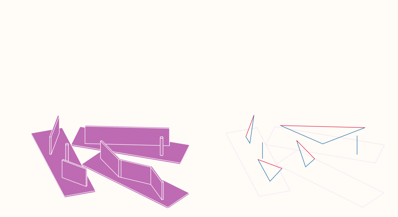 Visualization of stacking prefabricated wooden elements with structural force and load diagrams.