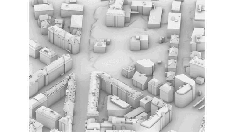 3D visualization of modular prefabricated buildings on an urban plot, showing varied heights.