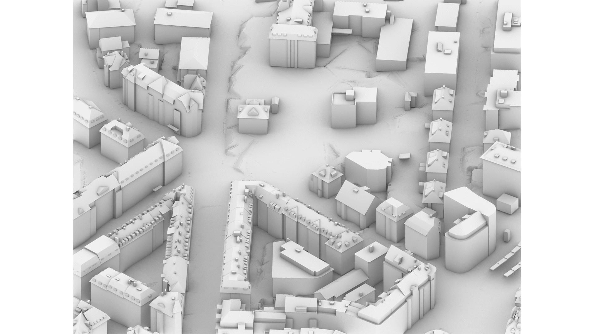 Isometric view of algorithmic urban planning with varied modular prefabricated buildings.