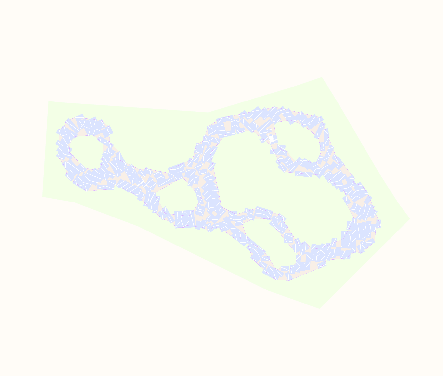 Architectural diagram presenting an algorithmically generated floor plan with interconnected, light blue ribbon-like spaces within a light green boundary, showcasing a computational design approach for complex layouts.