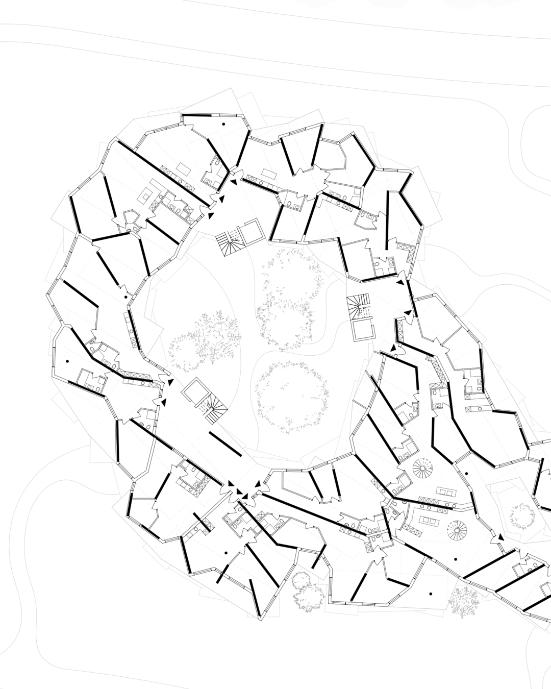 Architectural presentation showing a detailed floor plan of individual apartment layouts within an algorithmically designed prefabricated wooden structure, showcasing unique residential unit configurations and their relationship to green spaces.
