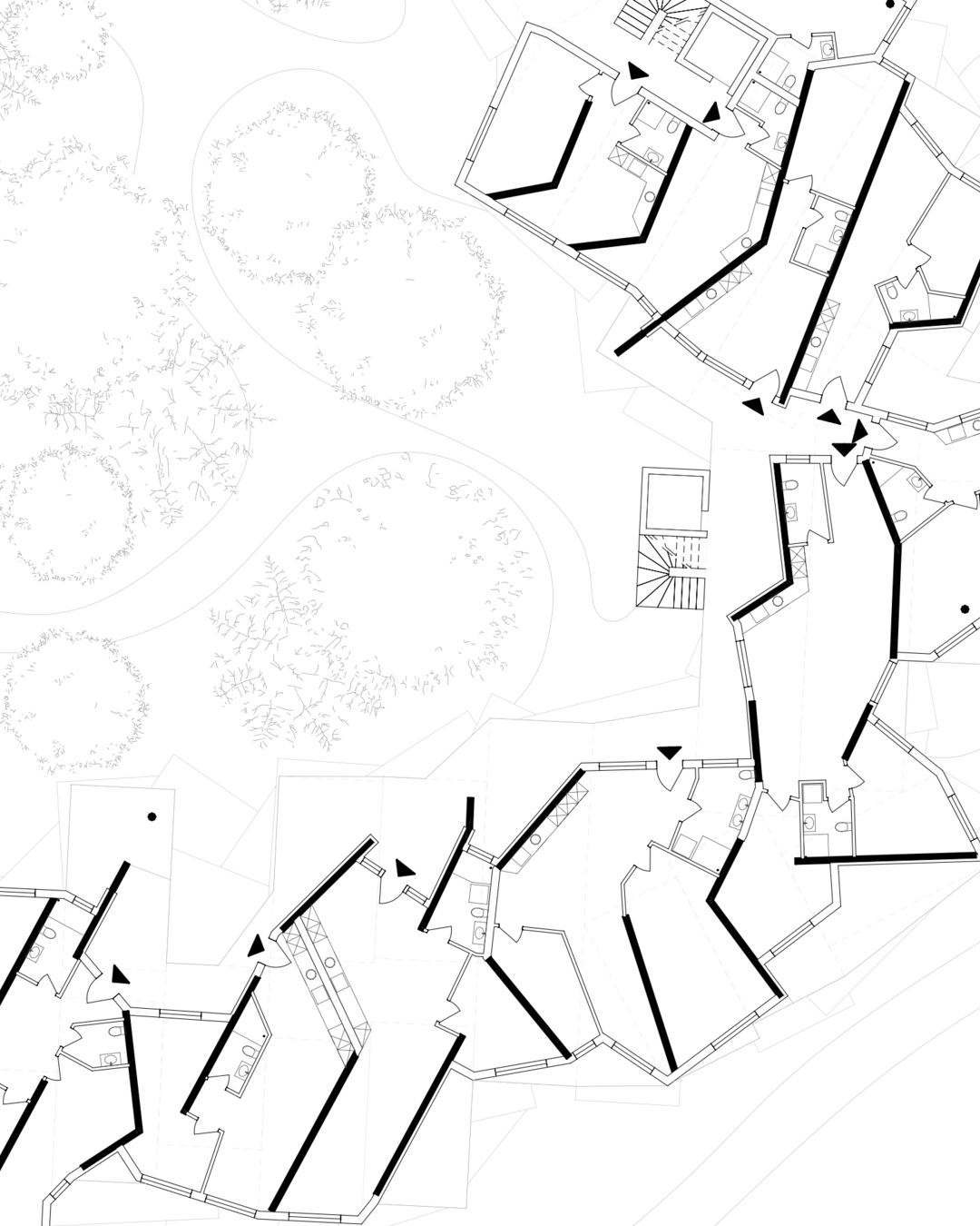 Detailed architectural floor plan showing a section of individual apartment layouts within an algorithmically designed prefabricated wooden structure, highlighting the intricate connections and adjacent outdoor spaces.
