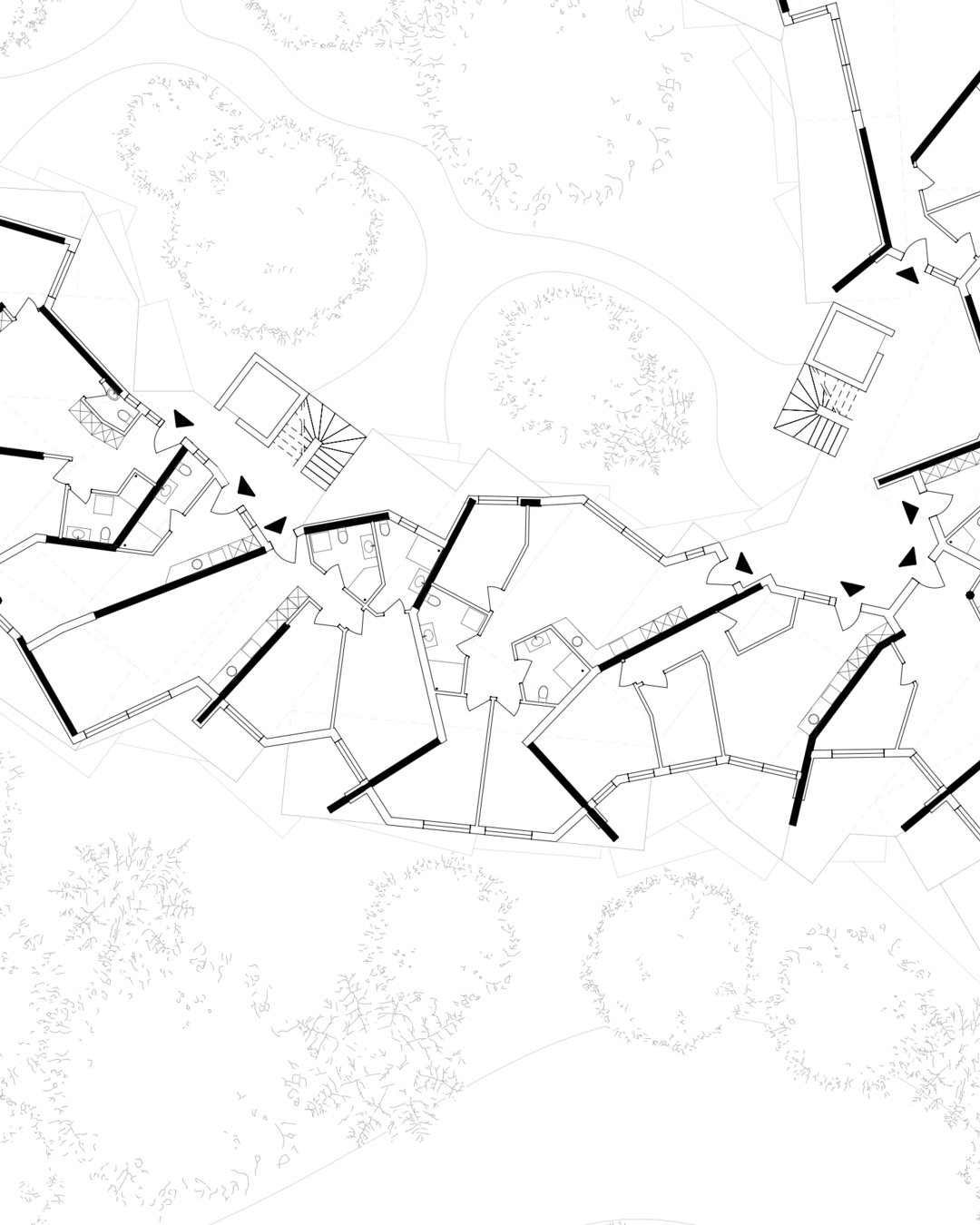 Close-up architectural floor plan detail revealing individual apartment layouts within an algorithmically designed prefabricated wooden structure, with surrounding organic landscape elements.