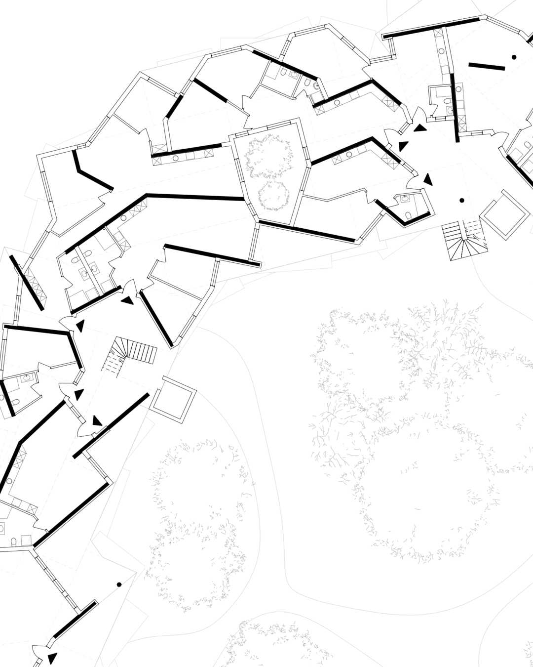 Architectural floor plan segment showcasing individual apartment layouts in an algorithmically designed prefabricated wooden building, featuring internal courtyards and curvilinear external boundaries.