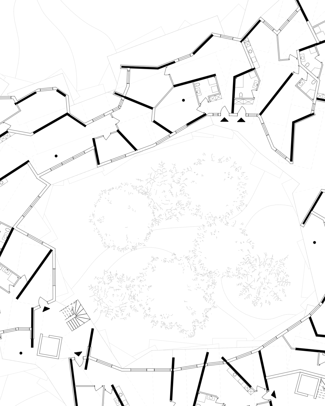 Top-down view of a complex floor plan, detailing individual apartment layouts and their integration within an algorithmically designed prefabricated wooden structure, emphasizing the central open space and surrounding units.