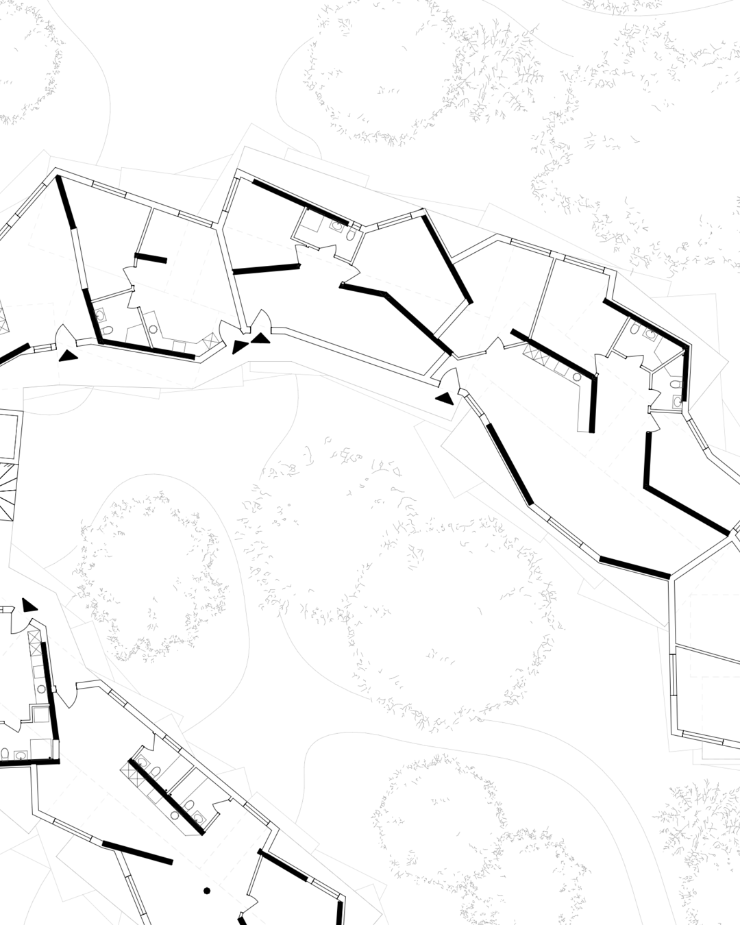Partial architectural floor plan focusing on a cluster of individual apartment layouts within an algorithmically designed prefabricated wooden structure, with surrounding natural contours and tree outlines.