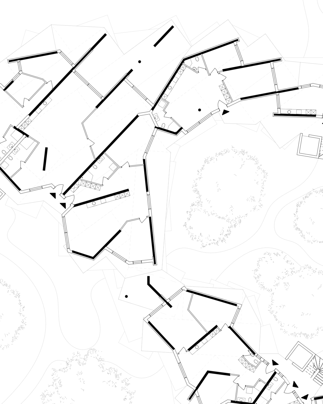 Segment of an architectural floor plan illustrating various individual apartment layouts, designed algorithmically within a prefabricated wooden structure, showing internal configurations and connection points.