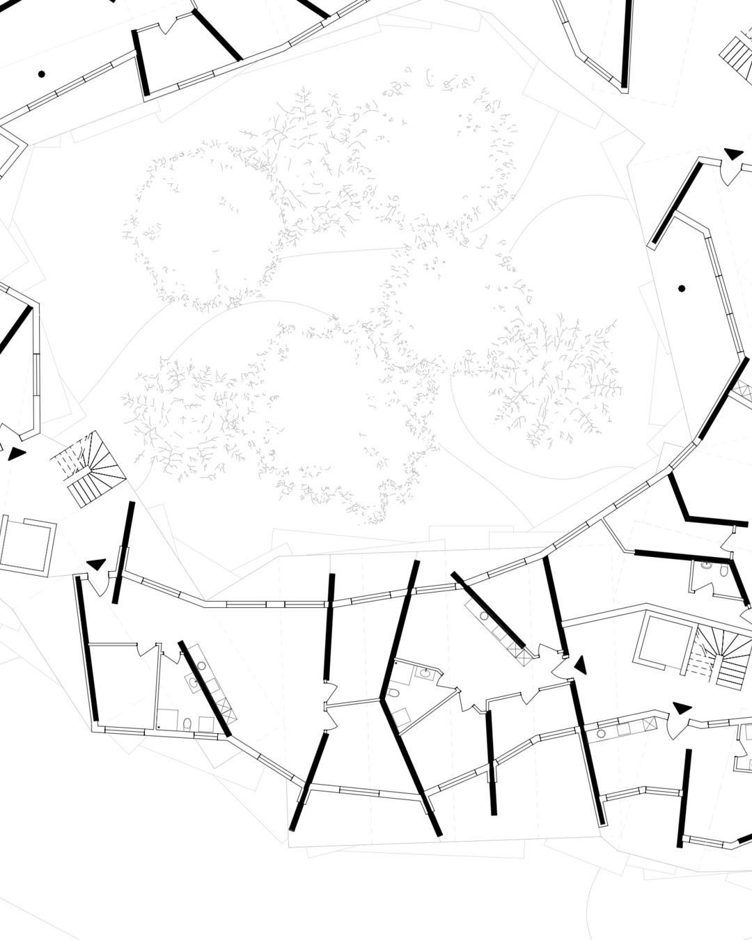Detailed floor plan showing individual apartment layouts within an algorithmically designed prefabricated wooden structure, with a central open space and surrounding units.
