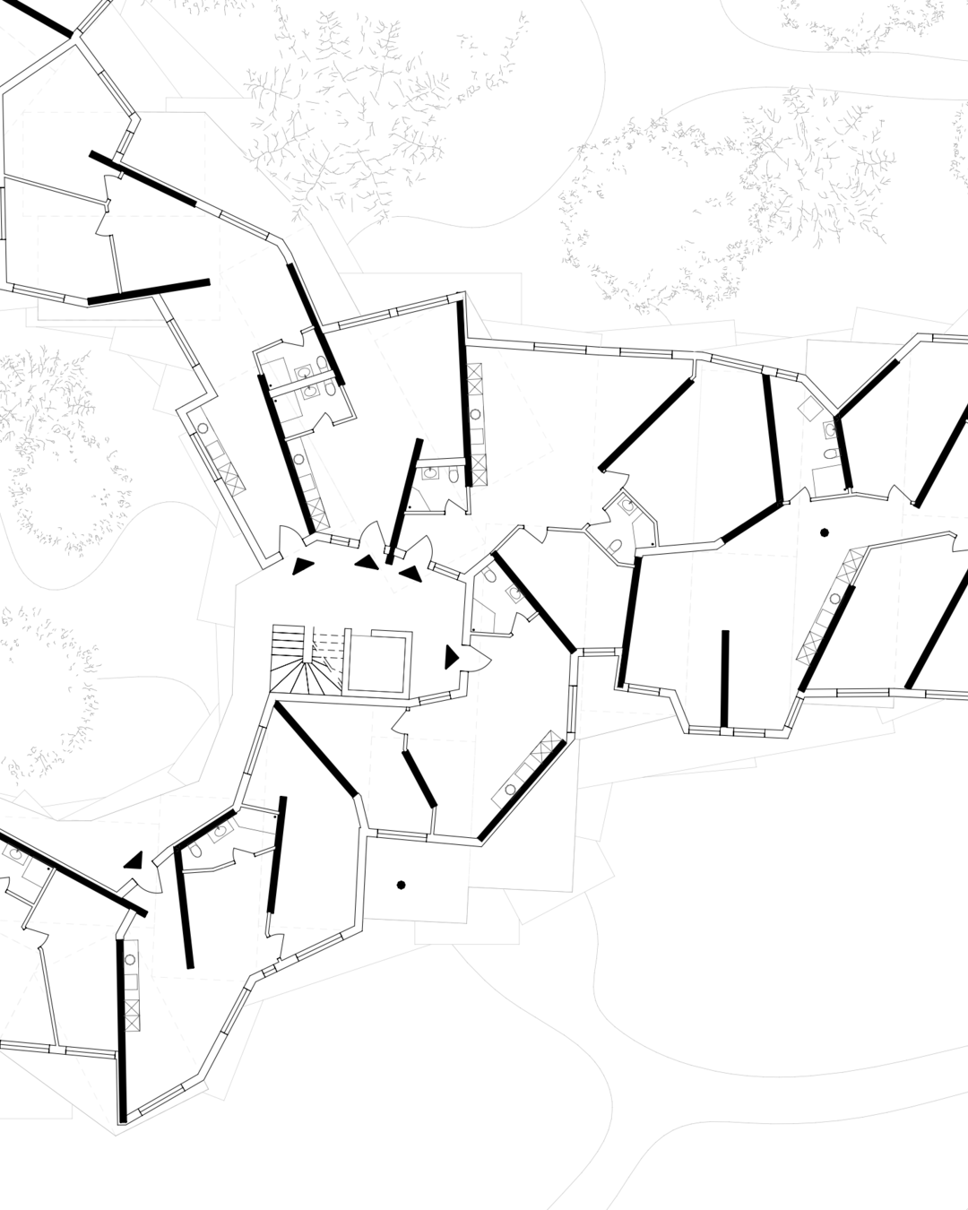 Architectural floor plan zoom view illustrating intricate individual apartment layouts within an algorithmically designed prefabricated wooden structure, emphasizing varied unit forms and their relationship to surrounding green areas.