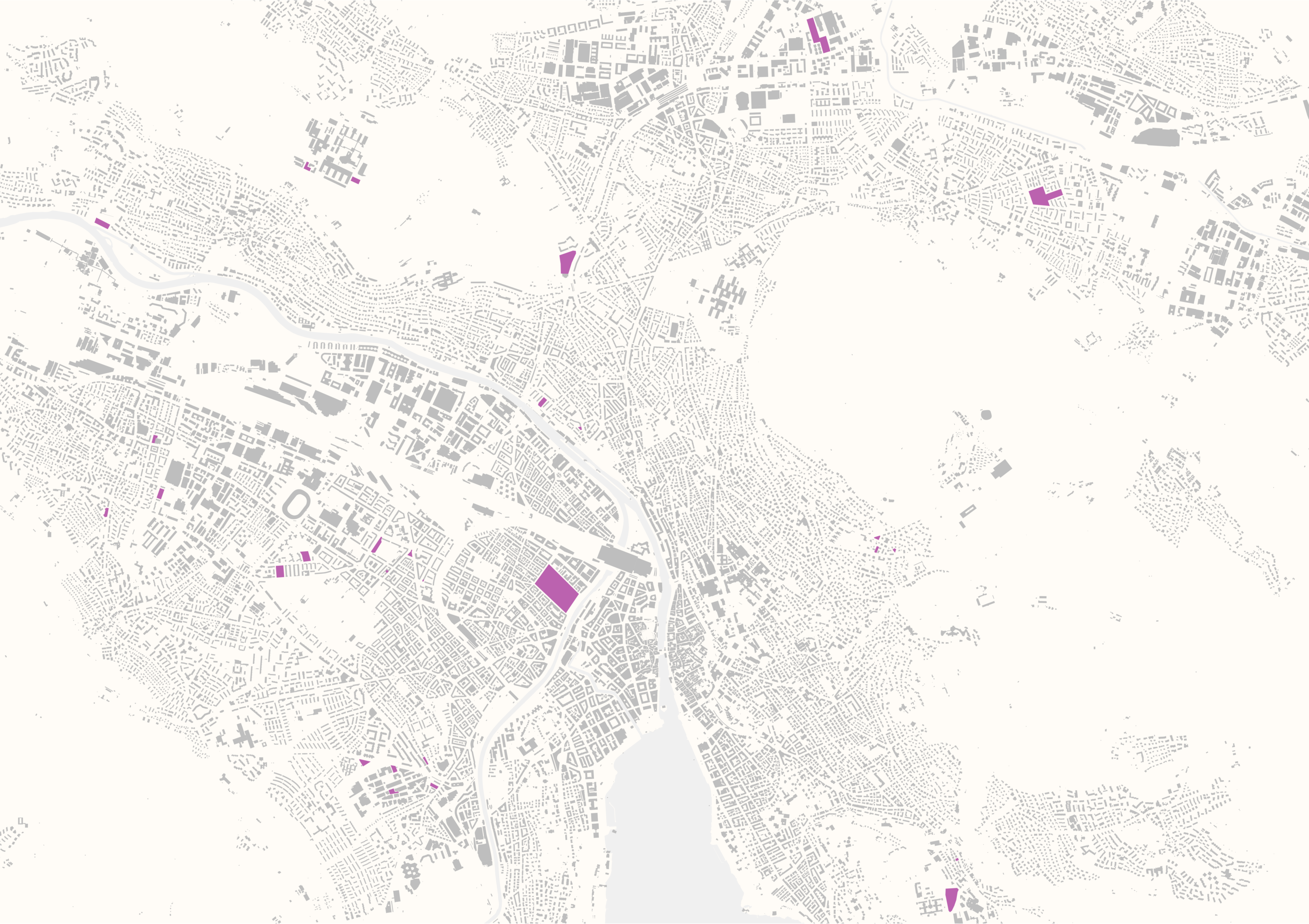 Urban planning diagram illustrating the large-scale deployment of a prefabricated wooden construction system across a map of Zurich, with purple highlighted areas indicating new development sites.