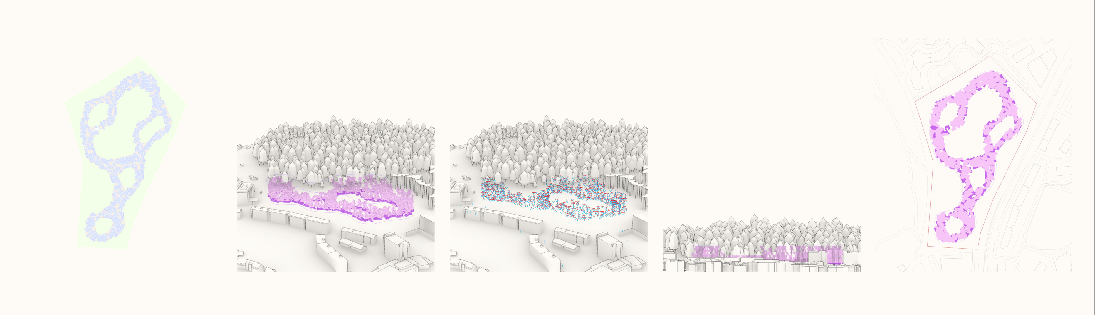 Series of architectural illustrations demonstrating the automated, algorithmic generation process, showing a floor plan, axonometric structure, facade, and site plan evolving from initial abstract shapes to detailed building representations.
