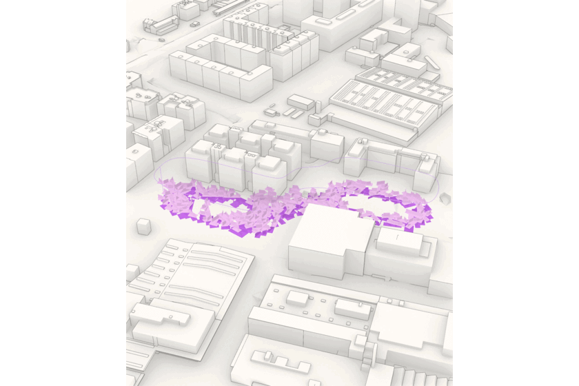 Animated axonometric presentation of prefabricated wooden construction deployed on urban plots.