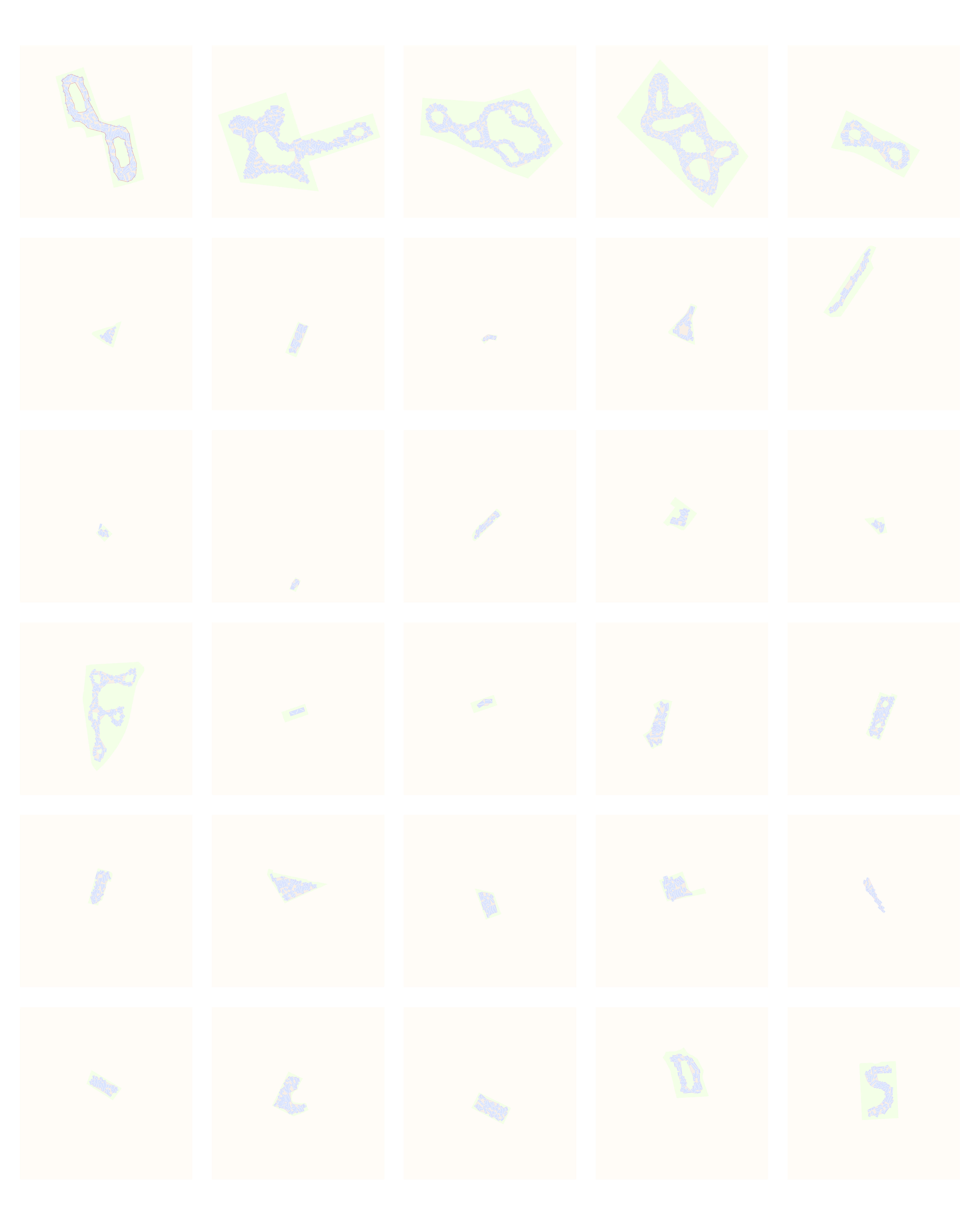 Grid layout summarizing multiple abstract floor plans of a prefabricated wooden construction system, illustrating various residential layouts and their potential for diverse configurations across different urban plots.