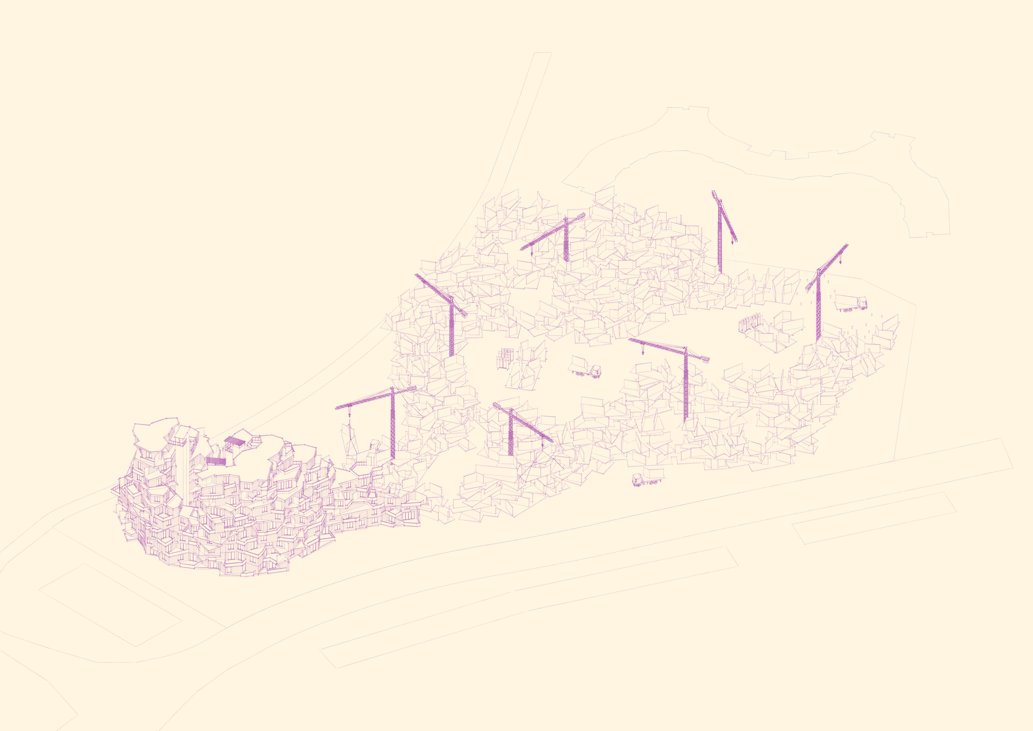 Axonometric architectural diagram depicting the on-site installation of a prefabricated timber construction, with cranes assembling modular wood building elements.
