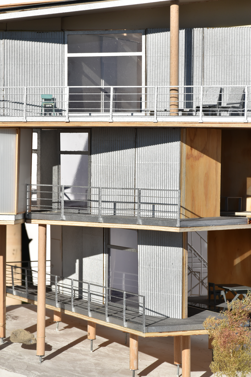 Axonometric architectural model of a modular prefabricated wood construction, presented as a diagram, possibly illustrating concepts similar to Herzog & de Meuron's 