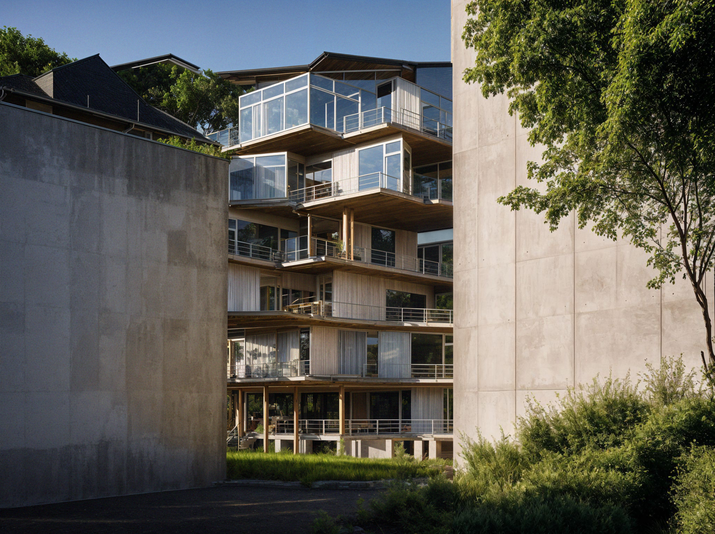 Architectural rendering of a contemporary residential building featuring timber balconies contrasted with a concrete facade, showcasing a blend of materials.