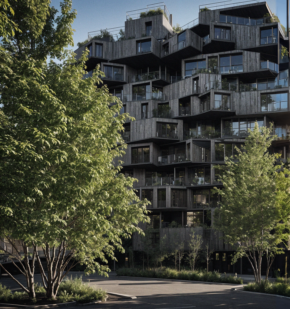 Architectural rendering of a modern timber apartment building with distinct stacked balconies, highlighting a unique residential typology and vertical living.