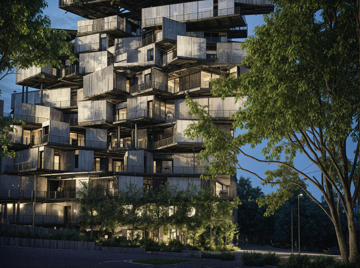Architectural rendering of a residential tower composed of prefabricated timber modules, developed through algorithmic design, showing a structure with individual protruding units.