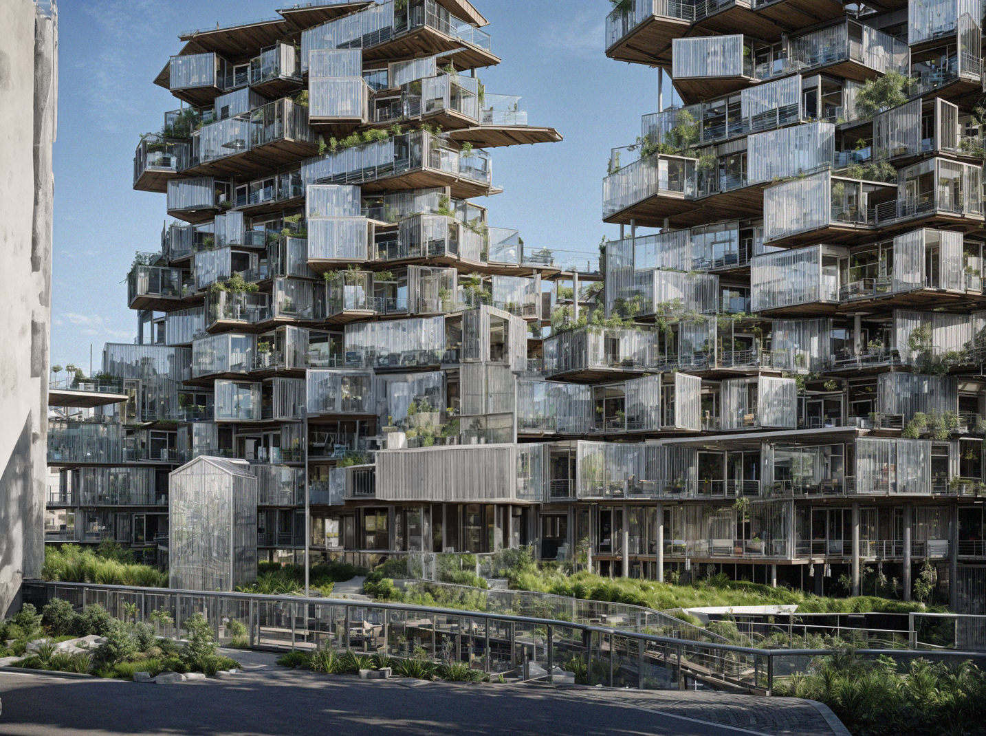 Architectural rendering of a parametric modular housing complex, composed of prefabricated timber units, illustrating an algorithmic design approach that creates dynamic and varied building forms.