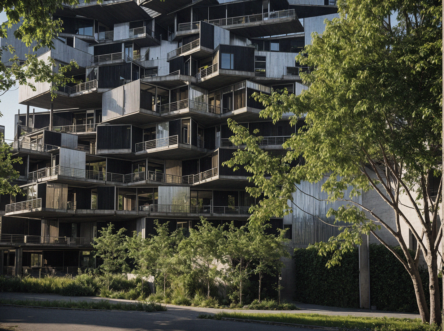 Architectural rendering of modular residential towers built from prefabricated timber blocks, featuring a parametric facade that creates a unique and undulating exterior.