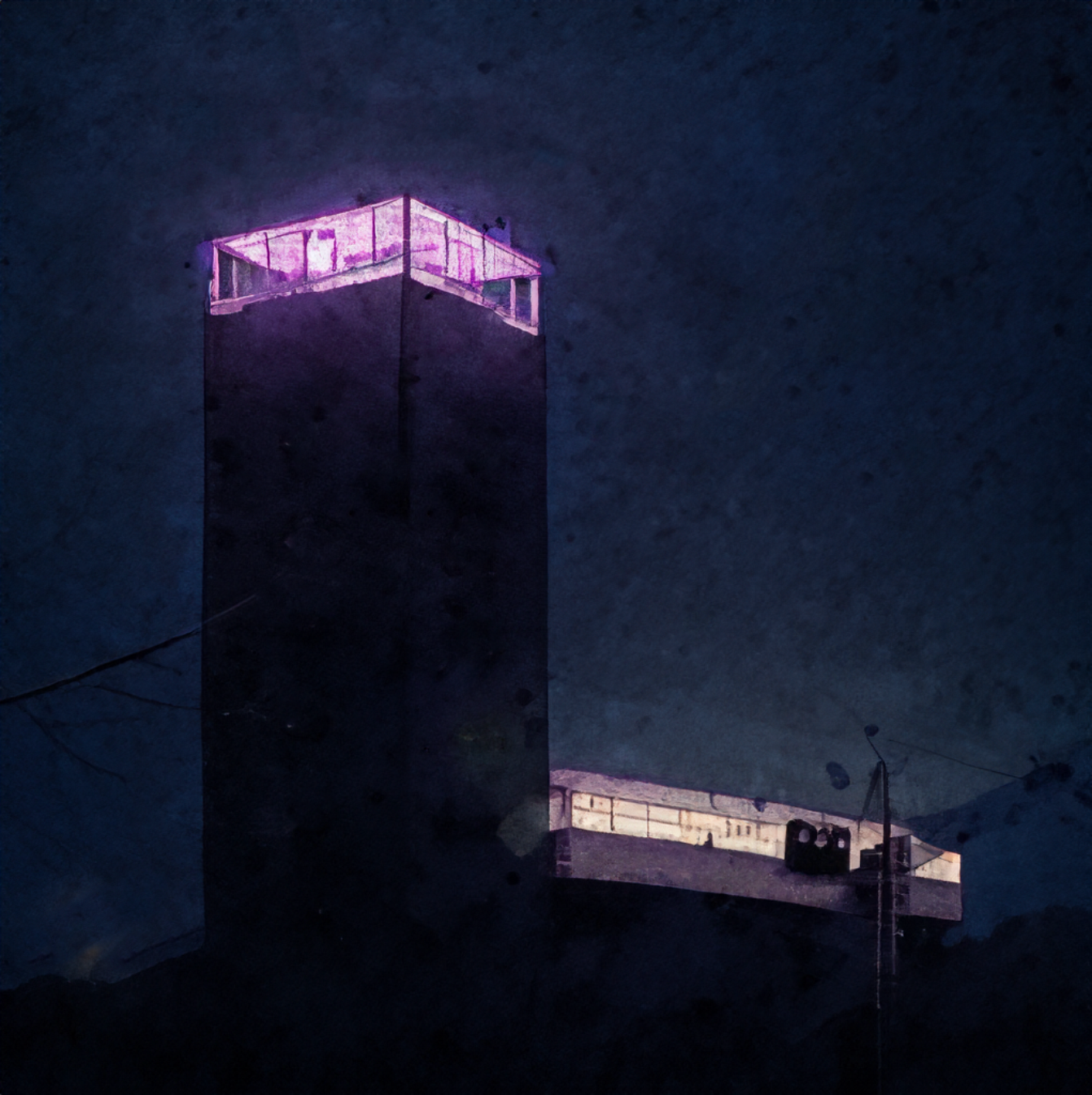Striking night view of an illuminated architectural tower with purple glow, showcasing a modern building design concept.