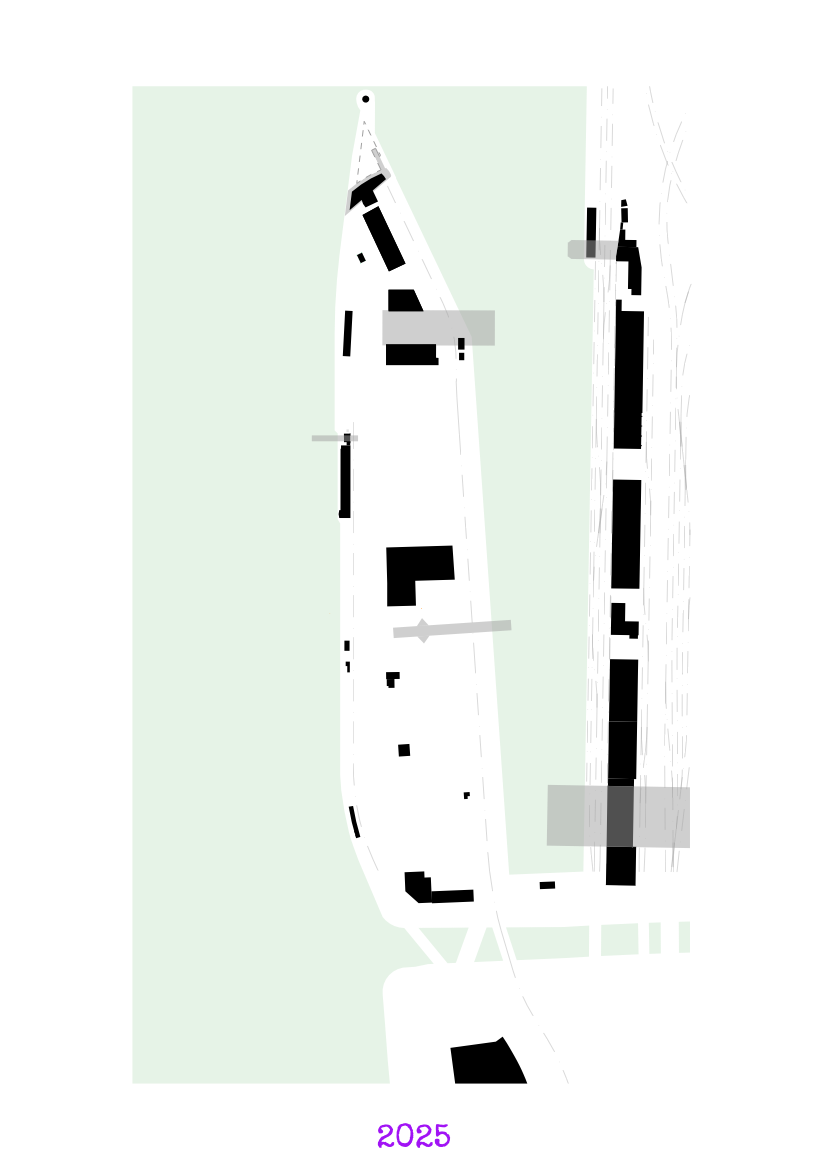 Situation plan of the urban project area in 2025, depicting existing structures and initial proposed developments along the Westquai.