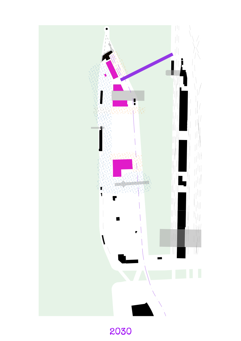 Situation plan for the architectural project timeline in 2030, showing initial pink-marked phases of development and purple elements within the urban design.
