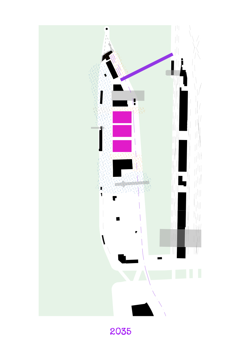 Situation plan illustrating the step-by-step development of the architectural project in 2035, with pink sections highlighting new construction and purple lines indicating infrastructure.