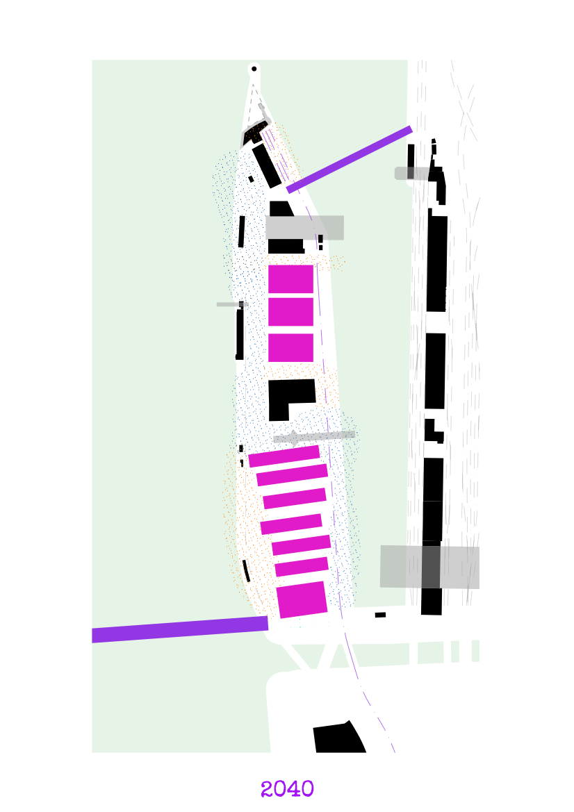 Urban project timeline plan for 2040, showing significant new pink-highlighted developments and purple infrastructure additions to the Westquai area.