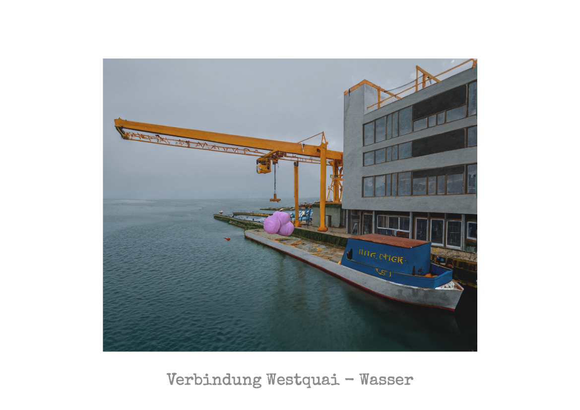 Architectural illustration of a gantry crane at a waterfront alongside a building and a boat, with a purple abstract form, representing the Westquai's direct connection to water.