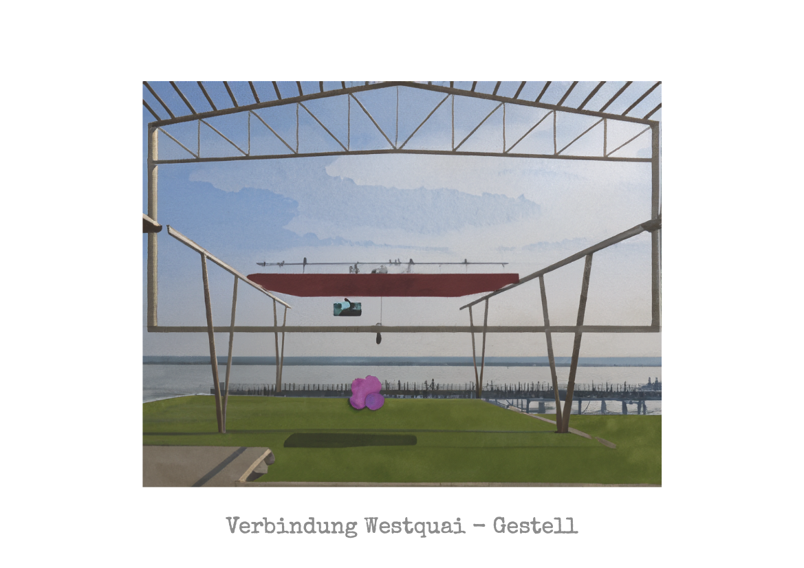 Architectural illustration of a large industrial or port structure with a distant water body, featuring a suspended red form and a purple abstract element, signifying the Westquai's connection to its structural framework.