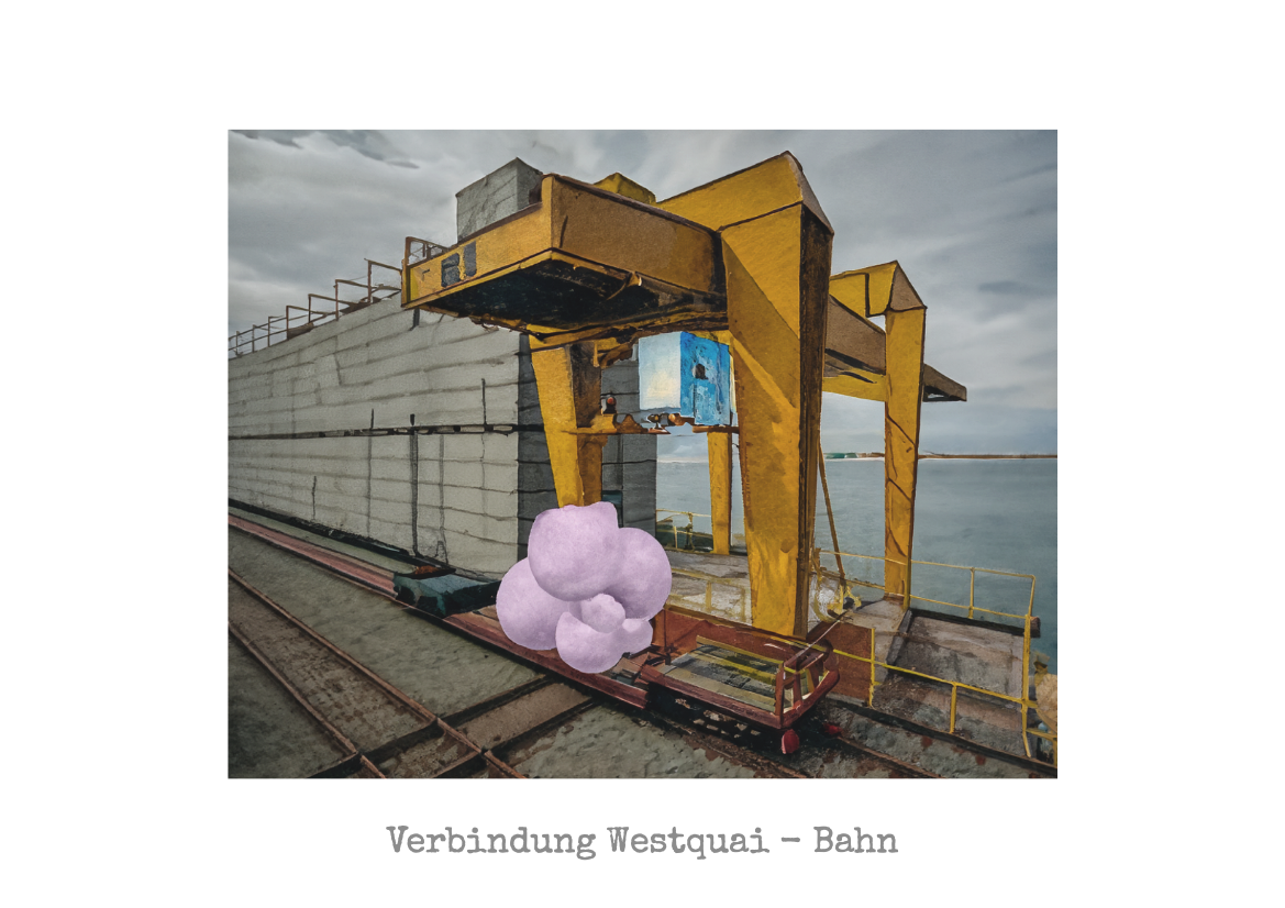 Architectural illustration featuring a large yellow gantry crane over train tracks at a dockside, with a purple abstract shape, symbolizing the Westquai's connection to rail transport.