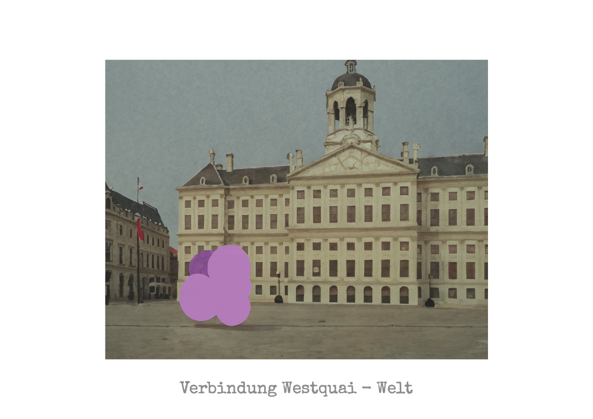 Architectural illustration showing a classical building with a purple abstract form in the foreground, representing the project's connection between Westquai and the global context or art.