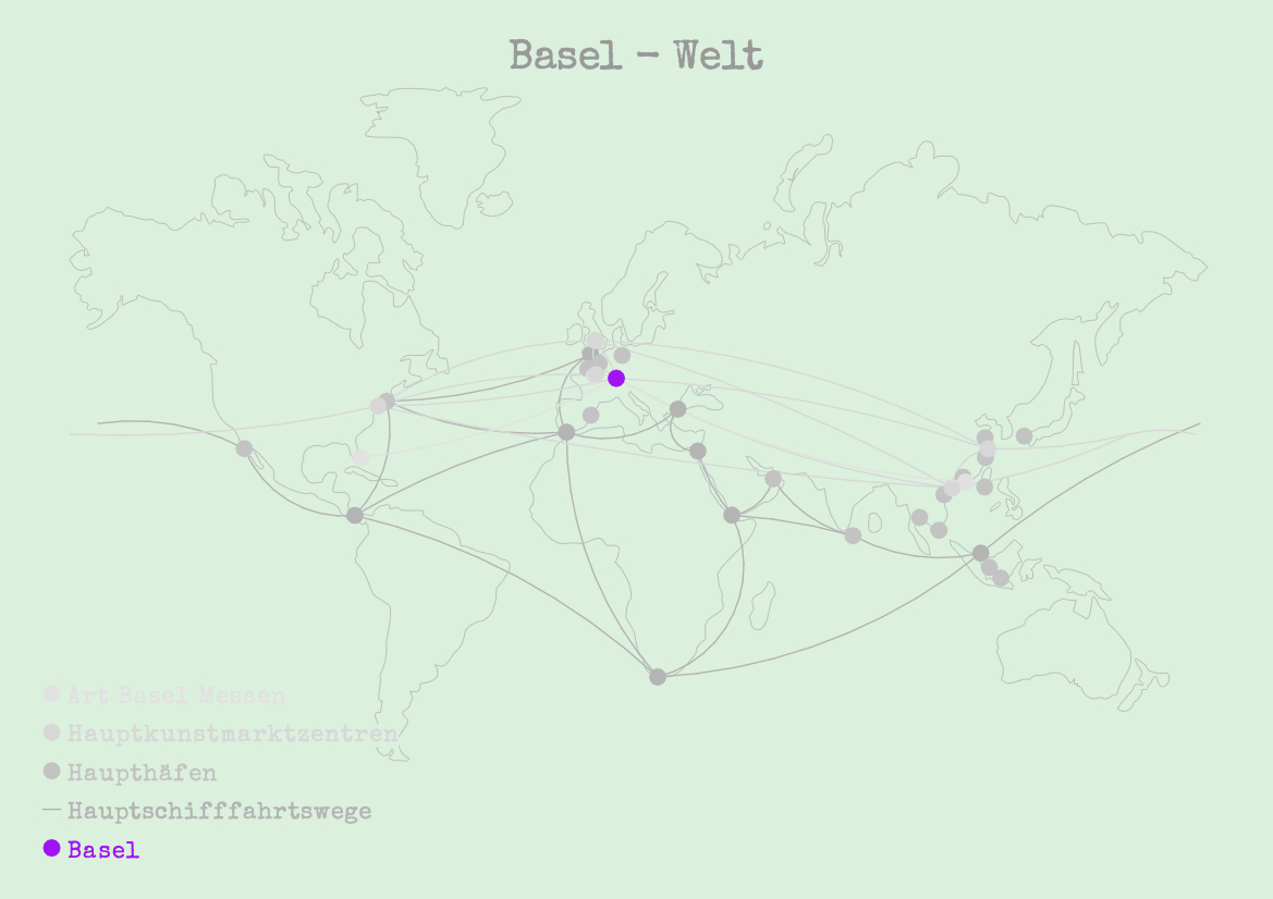 Map illustrating Basel's global connections, showing Art Basel fairs, major art market centers, main ports, and primary shipping routes, with Basel highlighted in purple.
