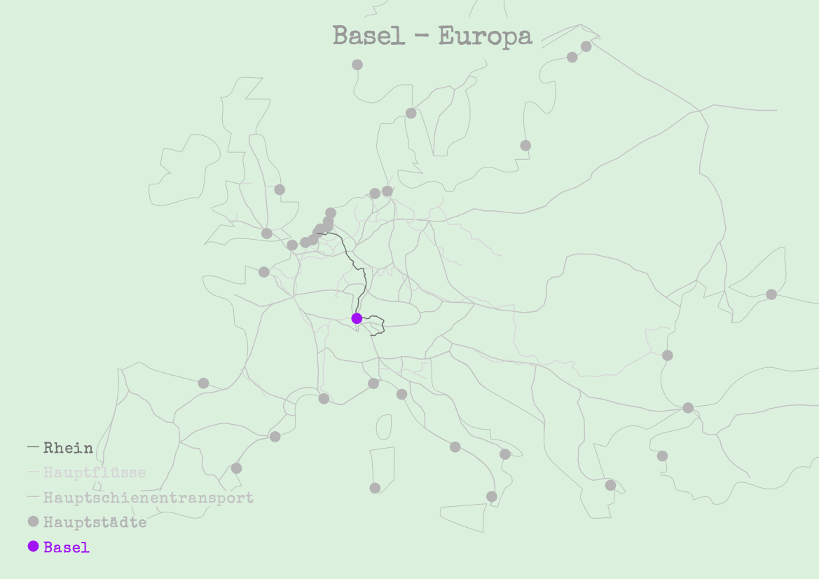 Map showing Basel's relationship within Europe, highlighting the Rhine river, major rivers, main rail transport routes, and key European cities, with Basel marked in purple.