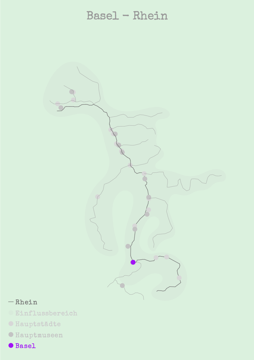 Map depicting Basel's relationship to the Rhine river, showcasing its sphere of influence, major cities, and key museums along the river, with Basel marked in purple.