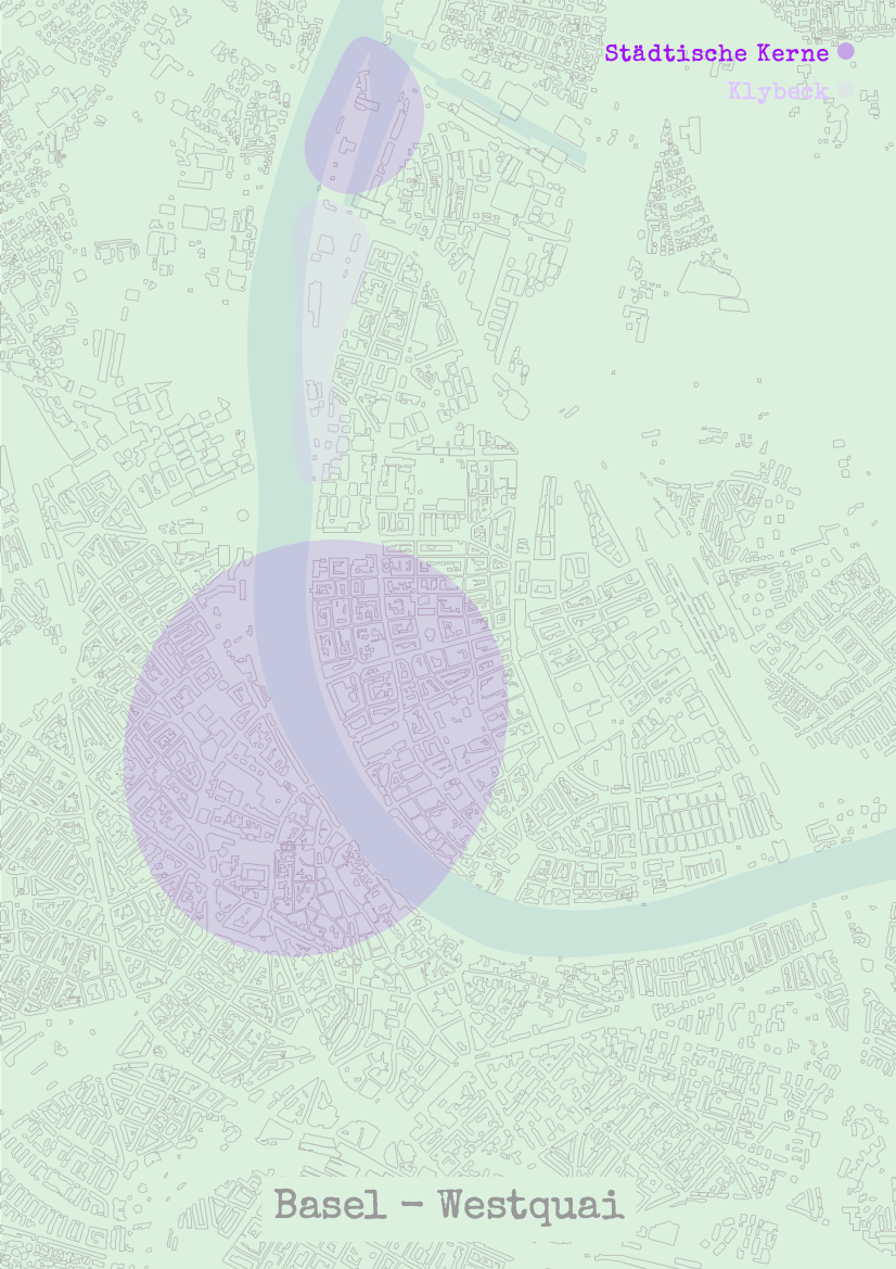 Map of Basel focusing on the Westquai area, with two large purple circles indicating its connection to urban cores and strategic locations within the city.