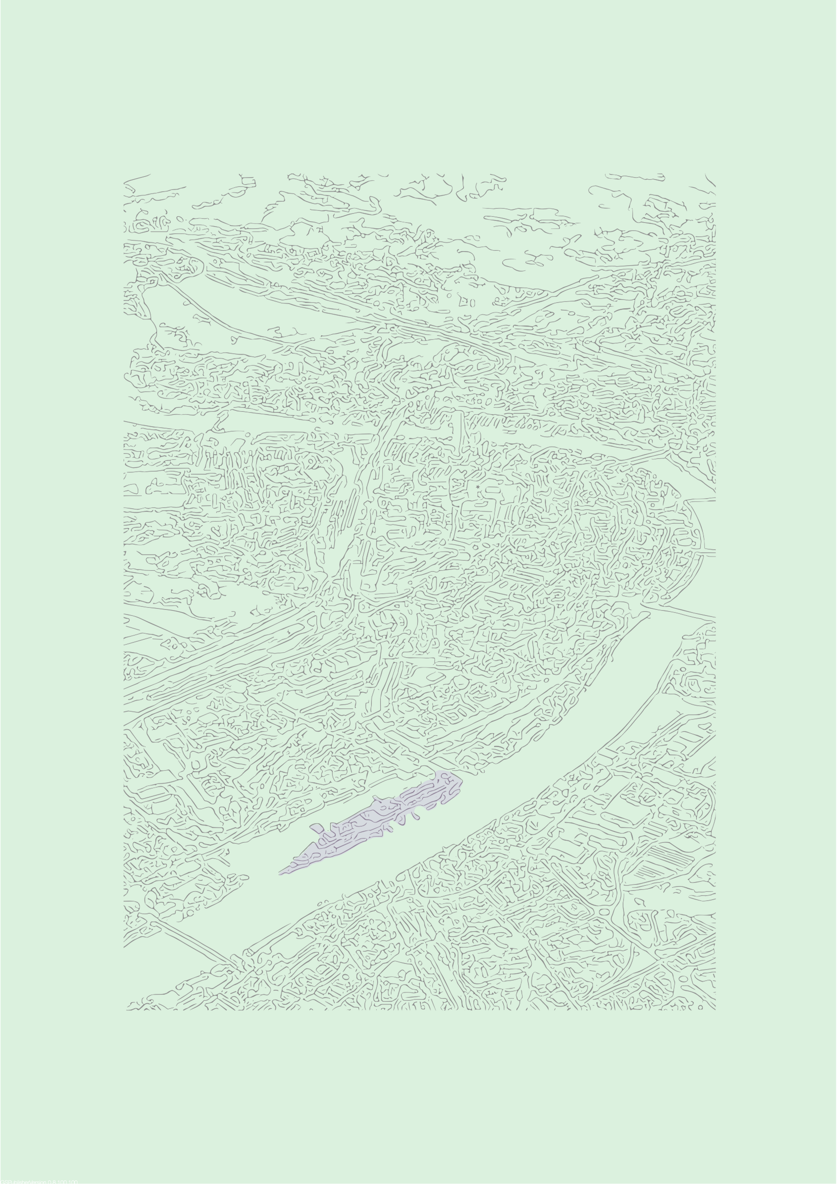 Line drawing axonometry view of the Basel urban situation, with the project site along the river prominently outlined in purple, indicating its unique context.