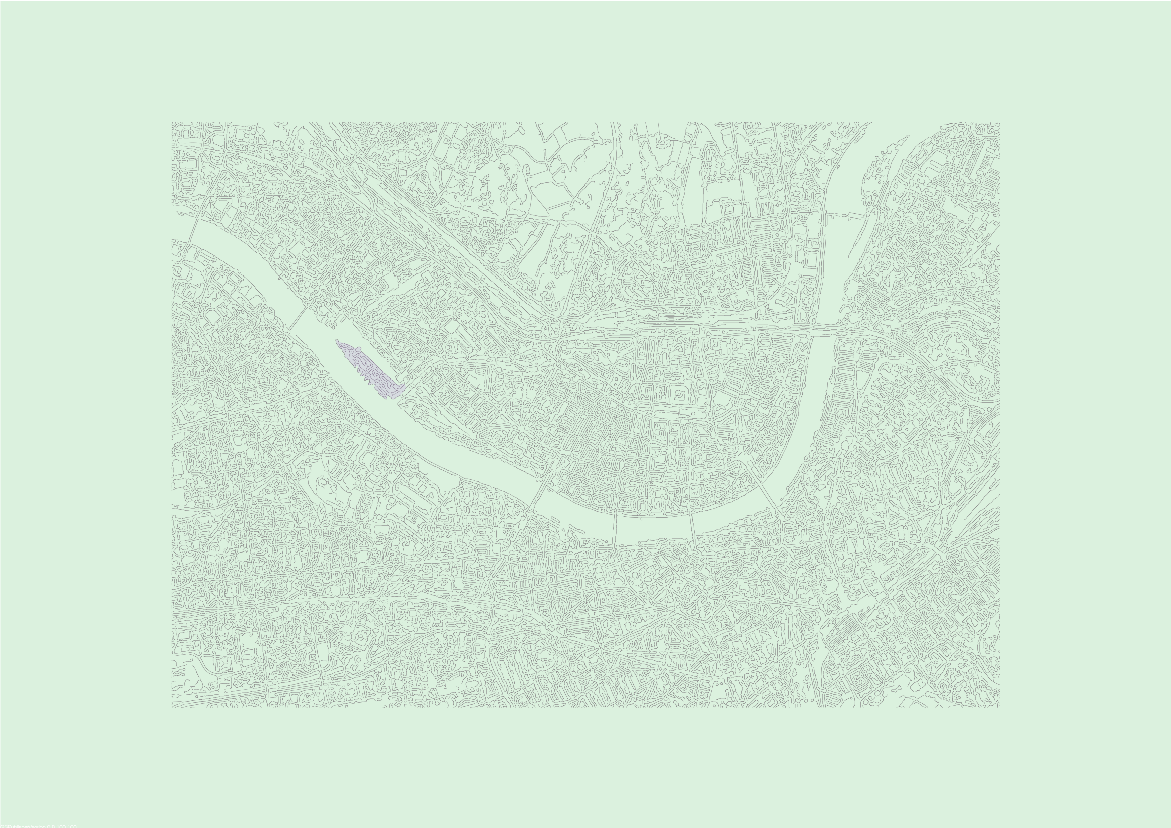 Line drawing situation plan of Basel, highlighting the project area along the Rhine River (Westquai) in purple, showcasing the urban context.