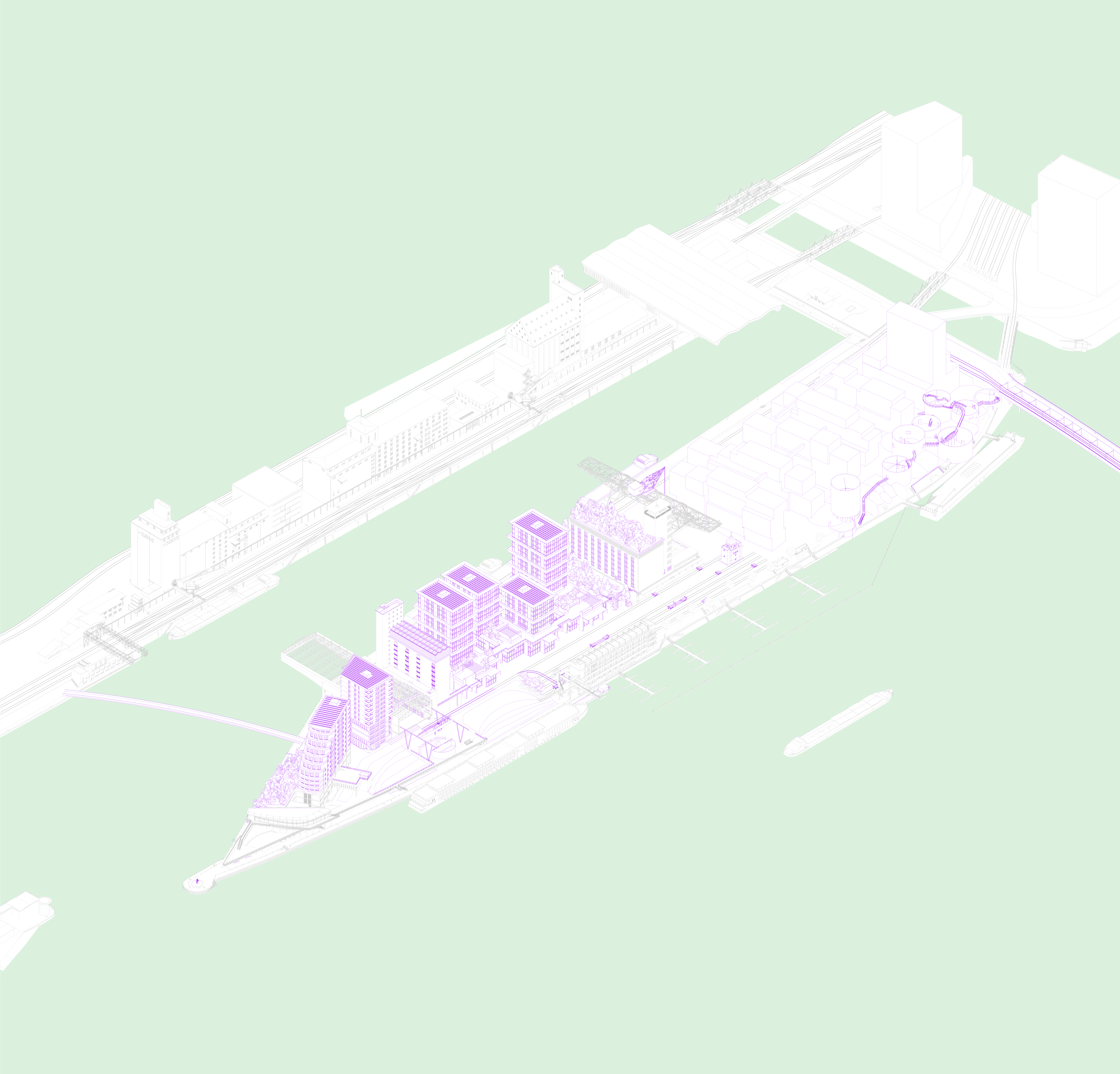 Architectural axonometry illustrating the urban project at Westquai, showing detailed proposed buildings and infrastructure in purple lines, emphasizing the project's scale and design.
