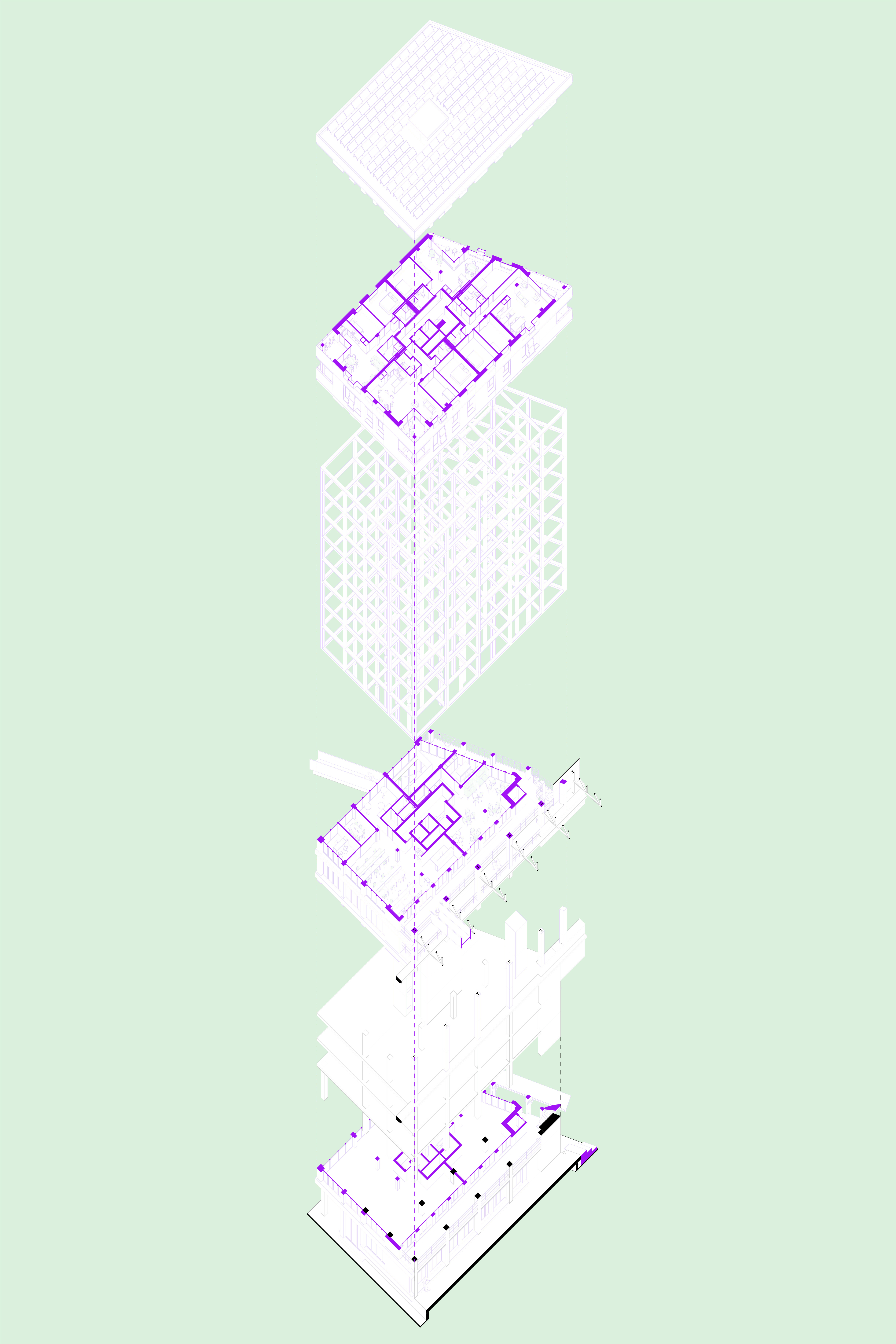 Exploded axonometry view of architectural plans for a multi-story building, showing stacked floor plans and structural elements, providing a comprehensive overview of the design.
