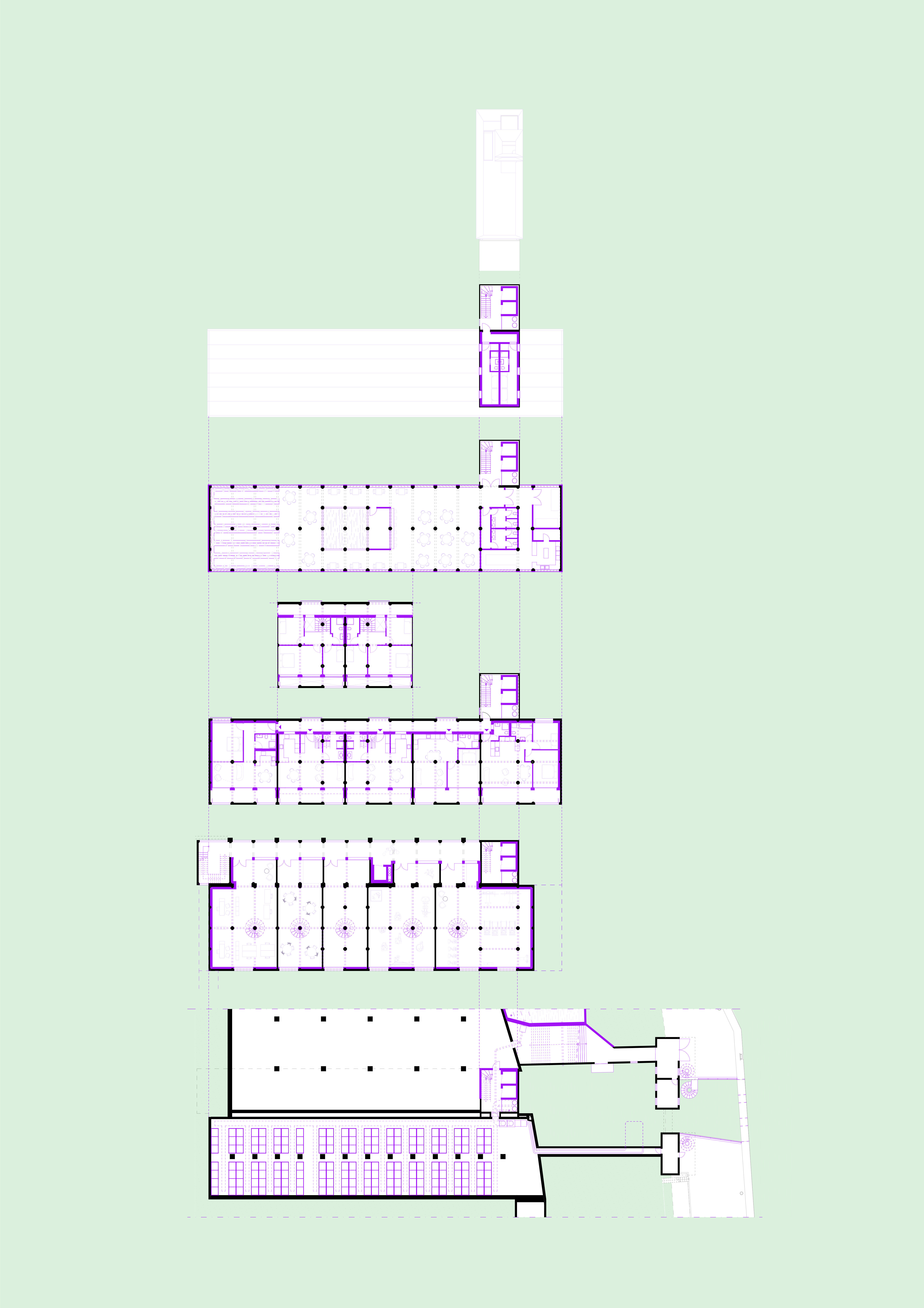 Exploded axonometry displaying detailed plans of multiple stories within a building, illustrating diverse layouts and programmatic functions on each level.