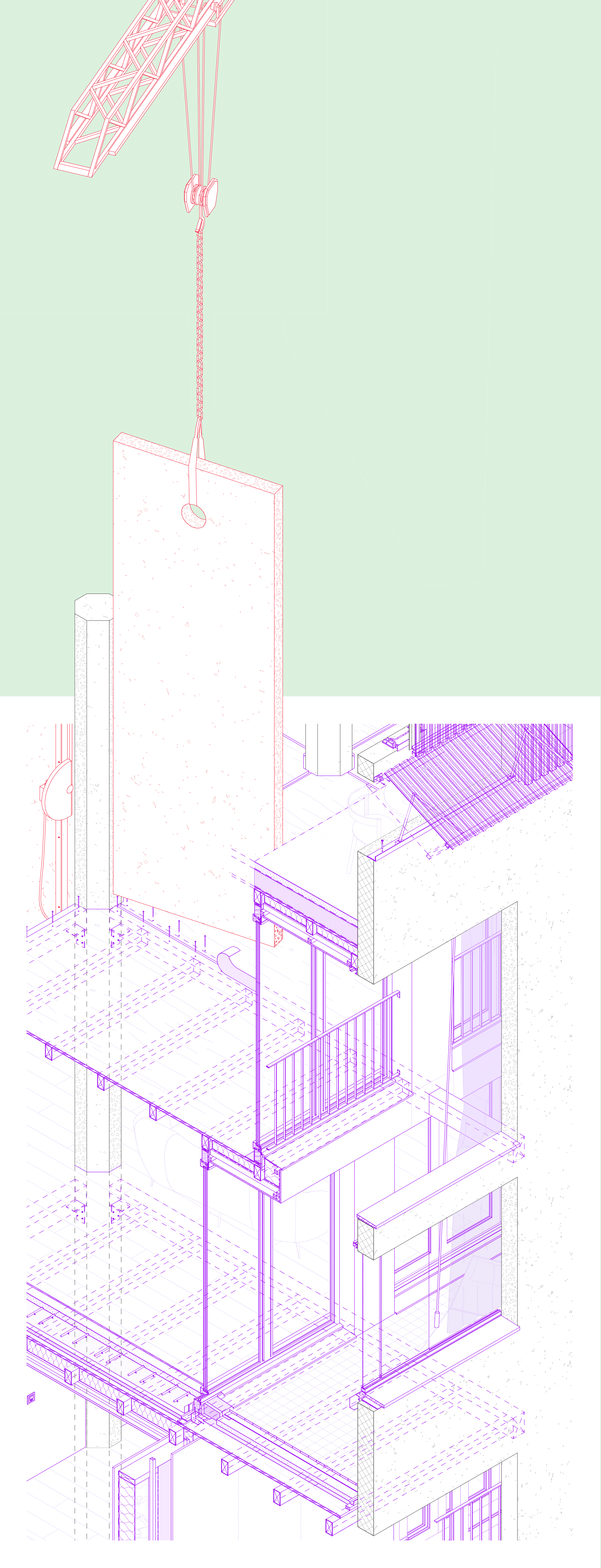 Exploded axonometry showing a construction detail of concrete renovation, with a large panel being lifted by a crane, illustrating the process of modernizing existing structures.