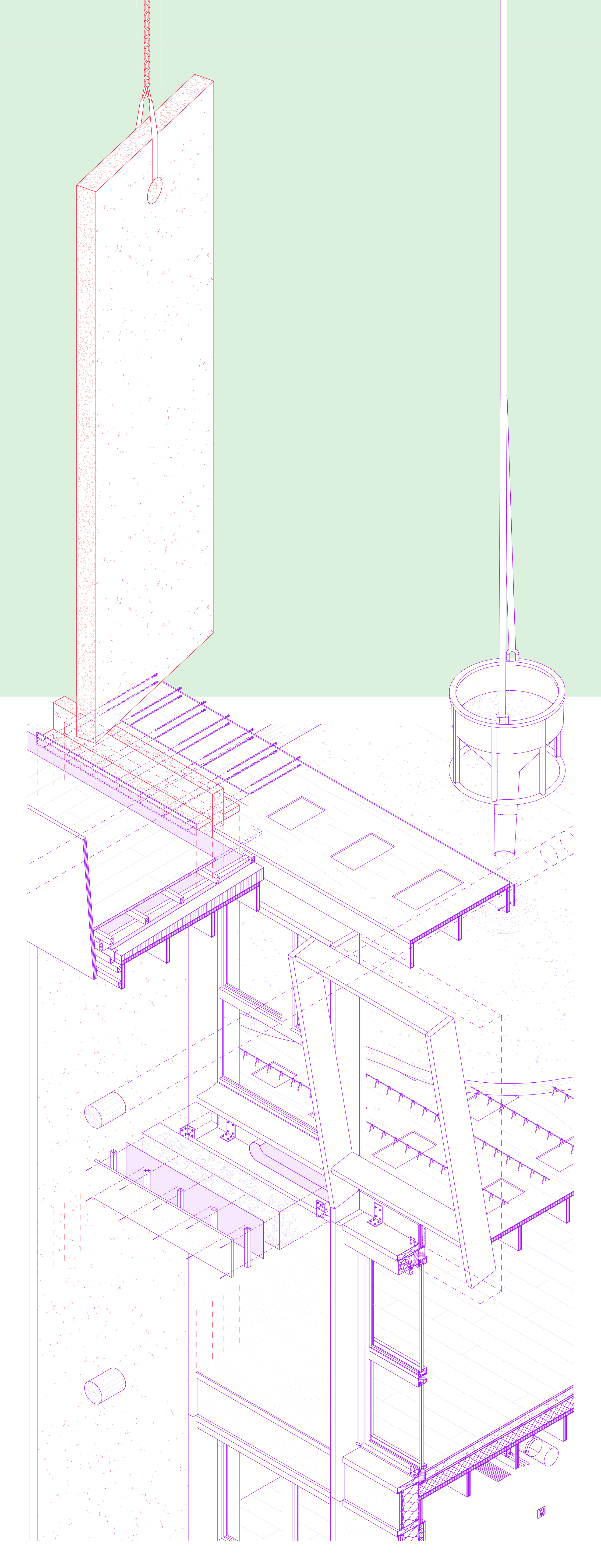 Exploded axonometry of a construction detail demonstrating the reuse of concrete and wood elements, highlighting sustainable and innovative building material practices.