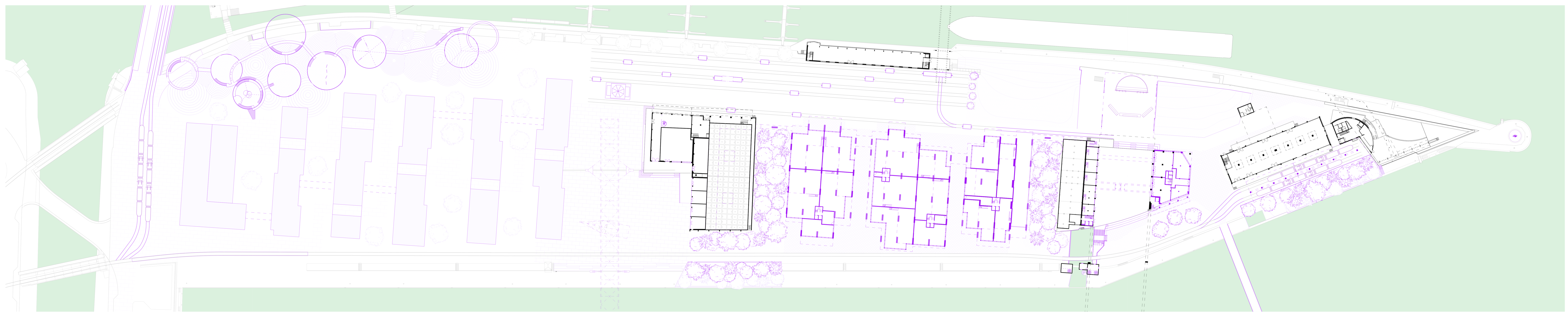 Urban plan for the repurpose island redevelopment, showing a detailed master plan with existing features and proposed architectural interventions, emphasizing sustainable urban planning.